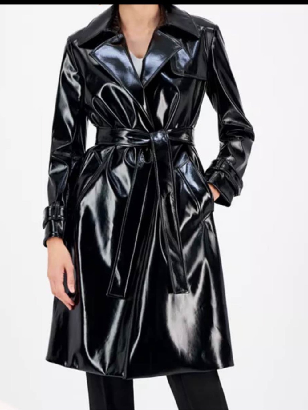 Anne Klein Shiny Black Patent Trench Coat with Tie Belt